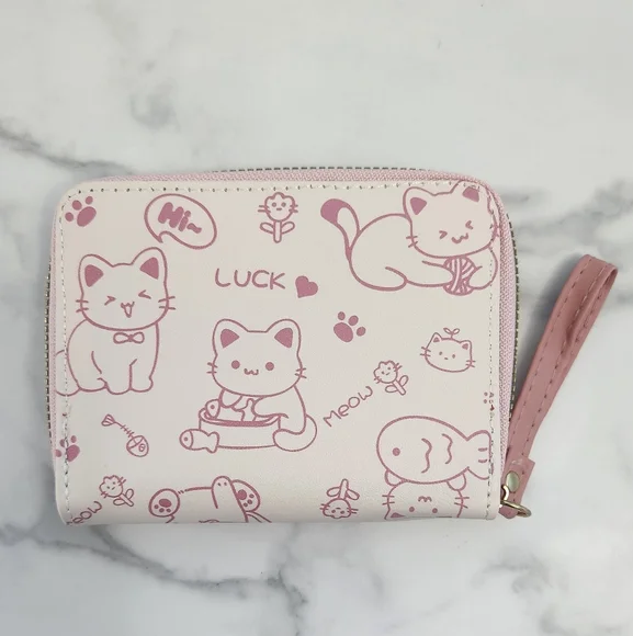 Pink & White Whimsical Cat Print Mini Wallet - Picture 8 of 15